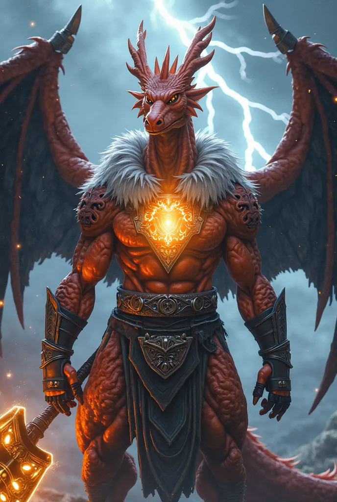 Black winged Charizard wearing Nordic clothing and lightning in his chest holding a hammer