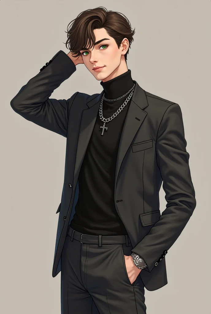 A handsome 17-year-old young guy with brown hair with a half-box crop hairstyle, and with green eyes in a black turtleneck with a silver chain around his neck, in black pants and dark shoes, smiles charmingly at the viewer and straightens her hair.