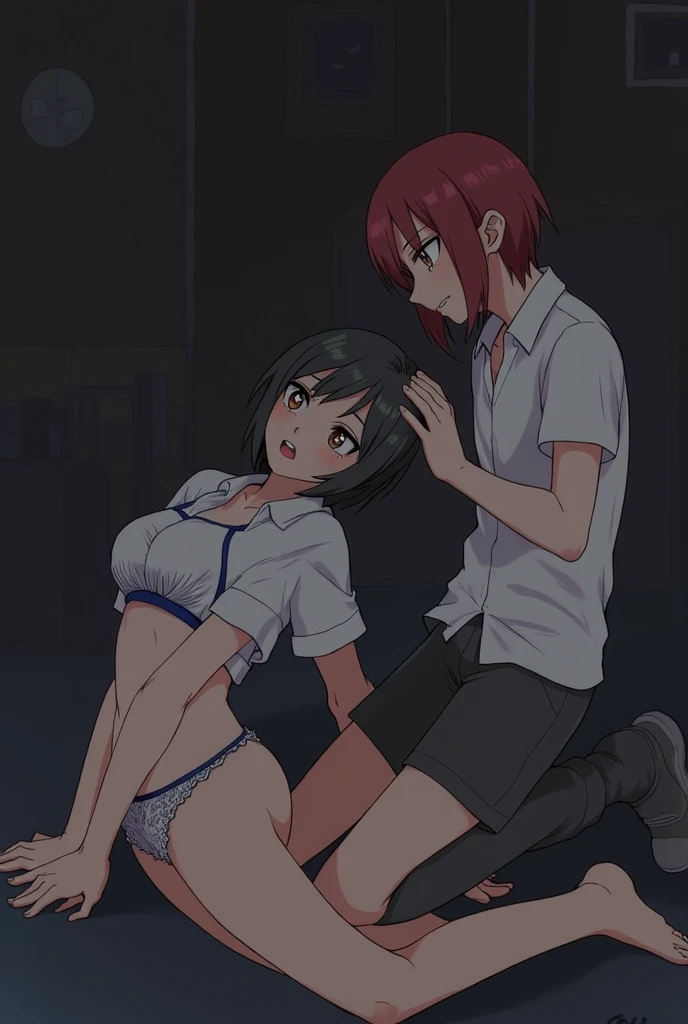 1 girl,  kneeling,  On the floor, arched back,  head backwards, A boy is standing next to the girl,  clutching the head of another, bulto,
REST girl, 22 years old, short hair,  cut bob breasts, ear, ( red bangs), black hair, (Puppet:1.2), detailed and cute...