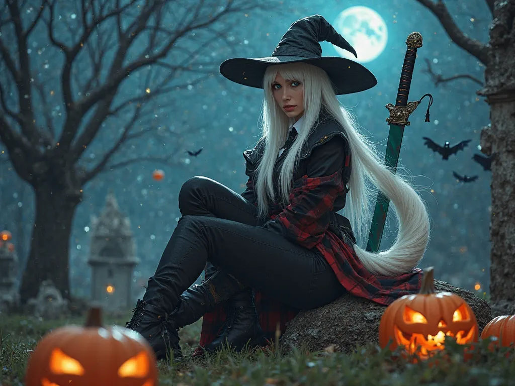 A self-confident woman's tail and ears of a white wolf dressed like an elegant witch,  with blue eyes and straight white hair a black jean black boots white shirt tie black and red coat tie a katana with a burning turquoise blade stuck in a grave and a wid...