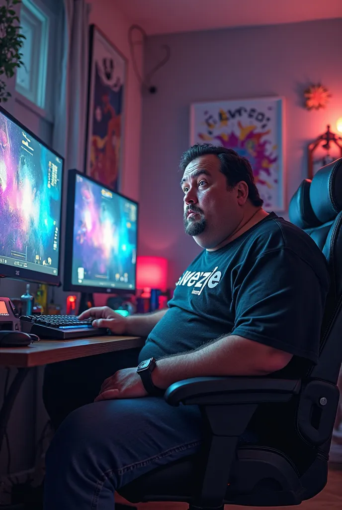 Fat gamer sitting in a computer chair, is playing games and his shirt says "Swerzie".