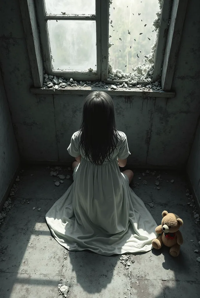 the anime sits in the corner of the floor with a window with broken knees in a long nightie and presses her knees against him in front of a broken window with a teddy bear top view black and white 