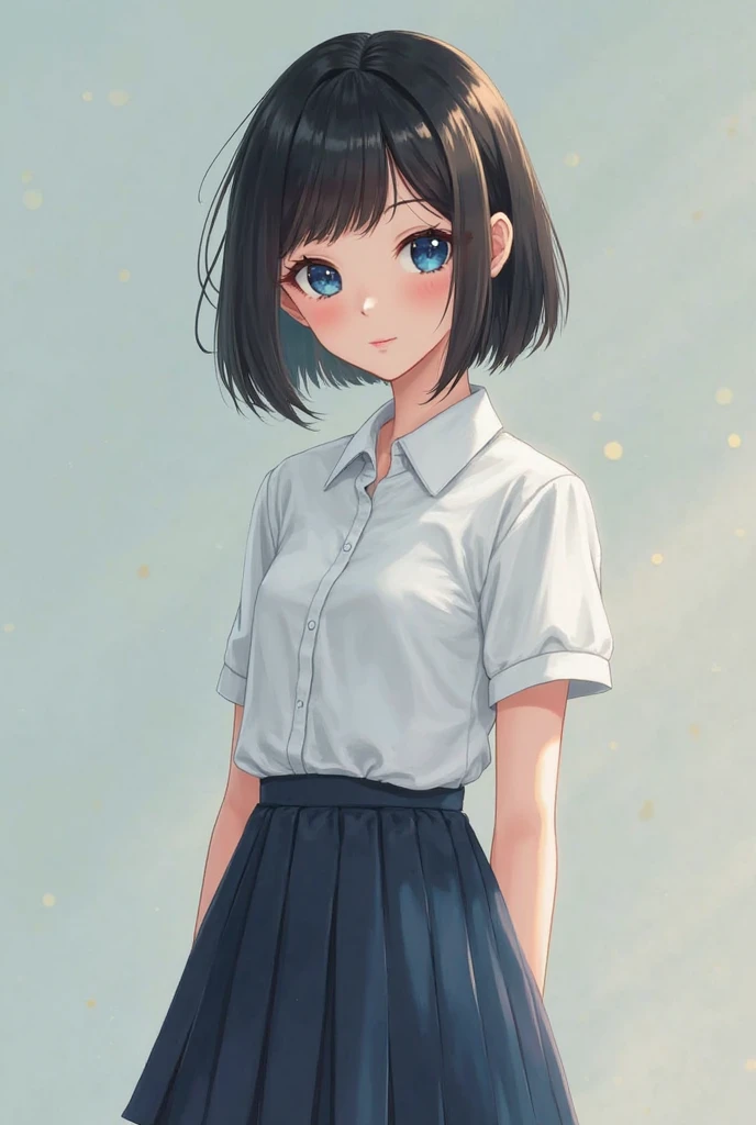 school girl with short black hair blue eyes, in short school skirt with white shirt 