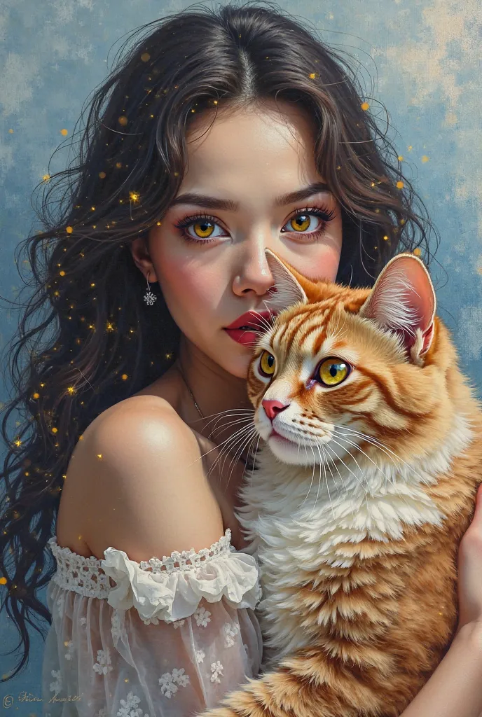 Kalian para cewek suka Boneka atau Bunga? 
Aku sih suka duit 👻

Btw, Met sore aja Ngadi 😍

🔥Prompt :
an abstract portrait painting depicts the face of a beautiful woman with long, slightly curly hair, close up face, yellow eyes, hugging a large Persian cat...