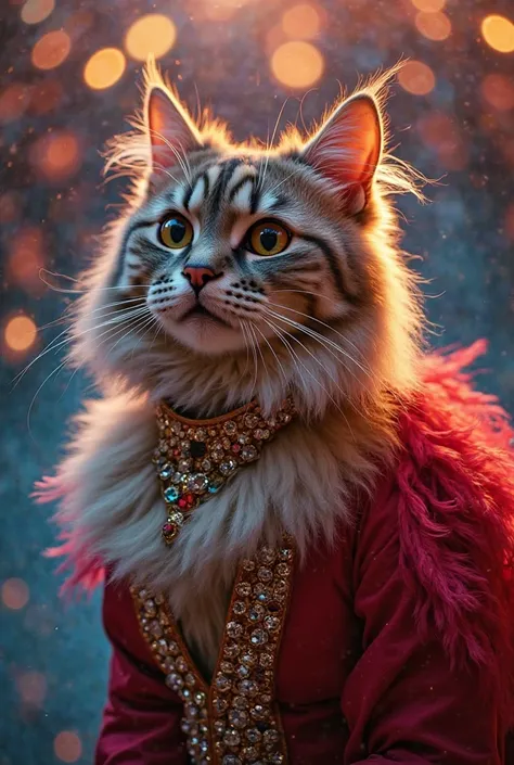 A close-up of a majestic Maine Coon cat wearing a regal carnival outfit, complete with a jeweled collar and a feathered tail, posing amidst a swirl of colorful lights and glitter, echoing the aesthetic of the reference image.