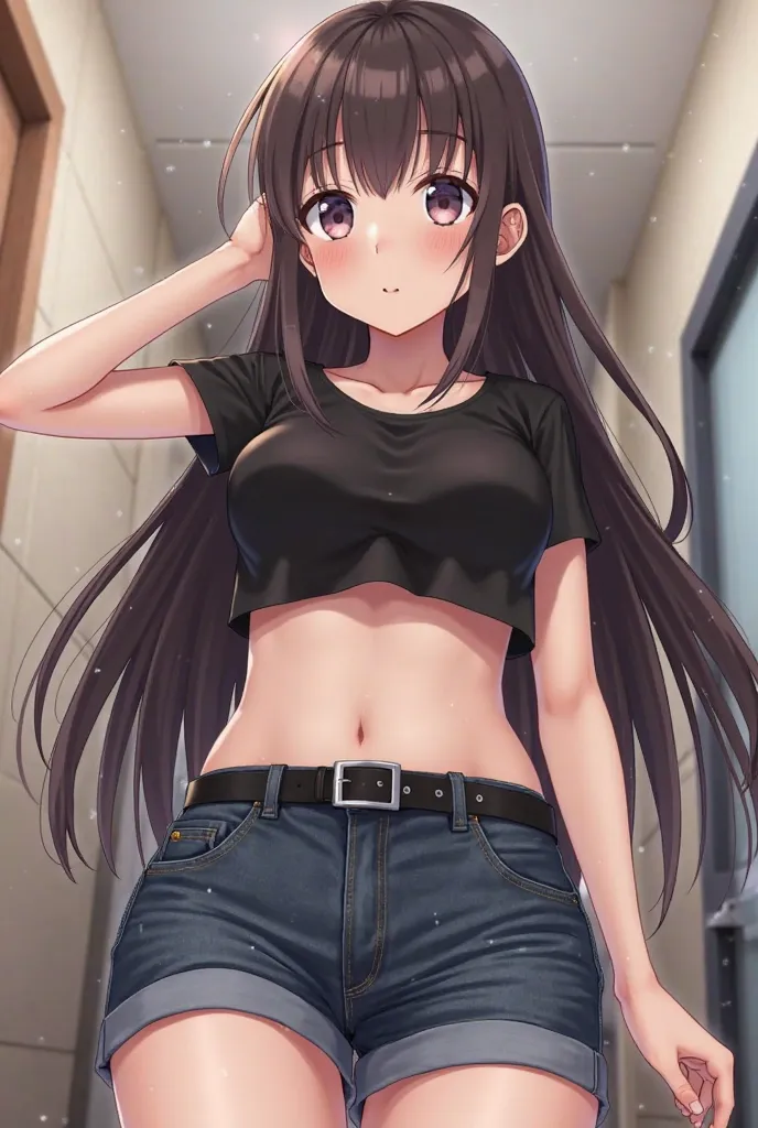 a tall anime cute high school daughter with beautiful eyelashes, as she wears a black crop top with short sleeves with her boobs showing, and she is wearing jeans shorts that are slightly dark, as the jeans shorts has a black belt, as she has long straight...