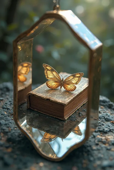 Old book with butterfly cover caught in a 3d mirror with clay 