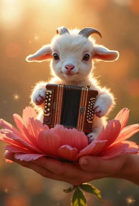 A hyper-realistic, ultra-detailed photograph of a baby goat with expressive eyes and soft, fluffy fur, holding a miniature antique accordion. The accordion is made of polished wood and metal, with finely crafted buttons and bellows that have visible folds ...