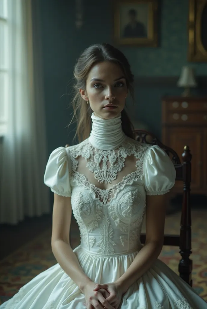 A beautiful woman with an extremely long neck. She wears a wedding dress ,  completely white, with a tight high collar, corrugated , that wraps around and covers her entire long neck. The fabric of the dress is made of delicate lace and satin, neck with sh...