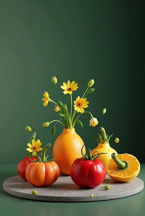 create for an animated image of horticulture products (fruits and vegetables and flowers) on a charcola grey chopping board. make them look they are falling on the chopping board as i want it animated. make the overall background dark green as it is an ima...