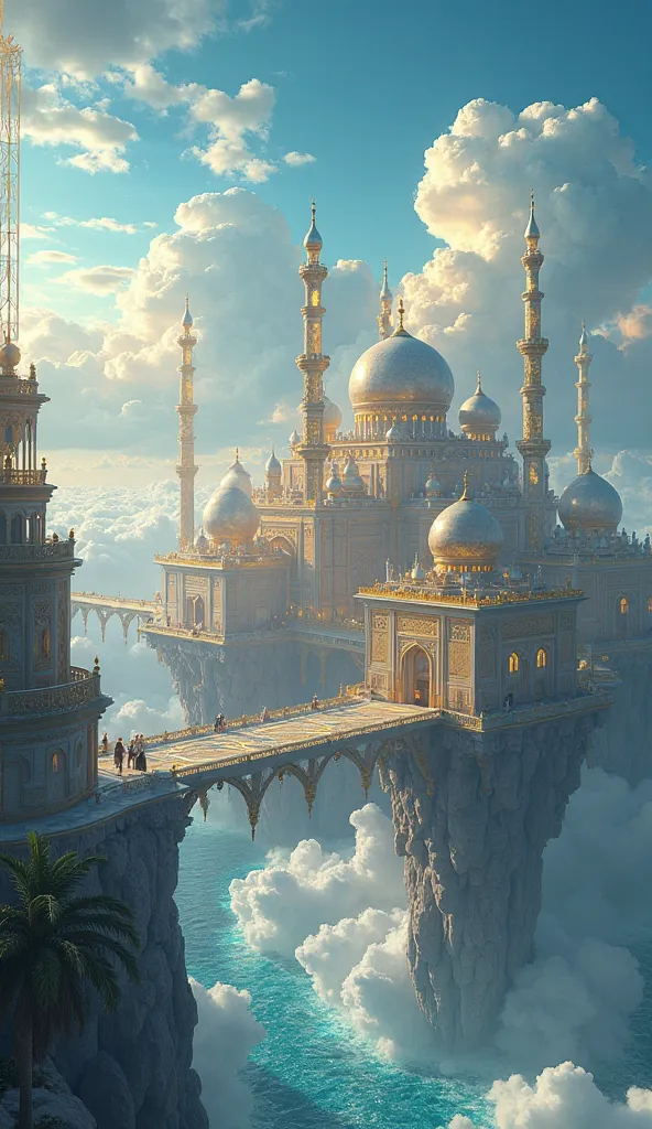 A **majestic, ethereal citadel**, a fusion of **Persian and Ottoman splendor**, floats weightlessly above an **infinite sea of celestial clouds**, its **illuminated marble foundation** shimmering like divine mist. The city’s **ornate golden pathways, encru...