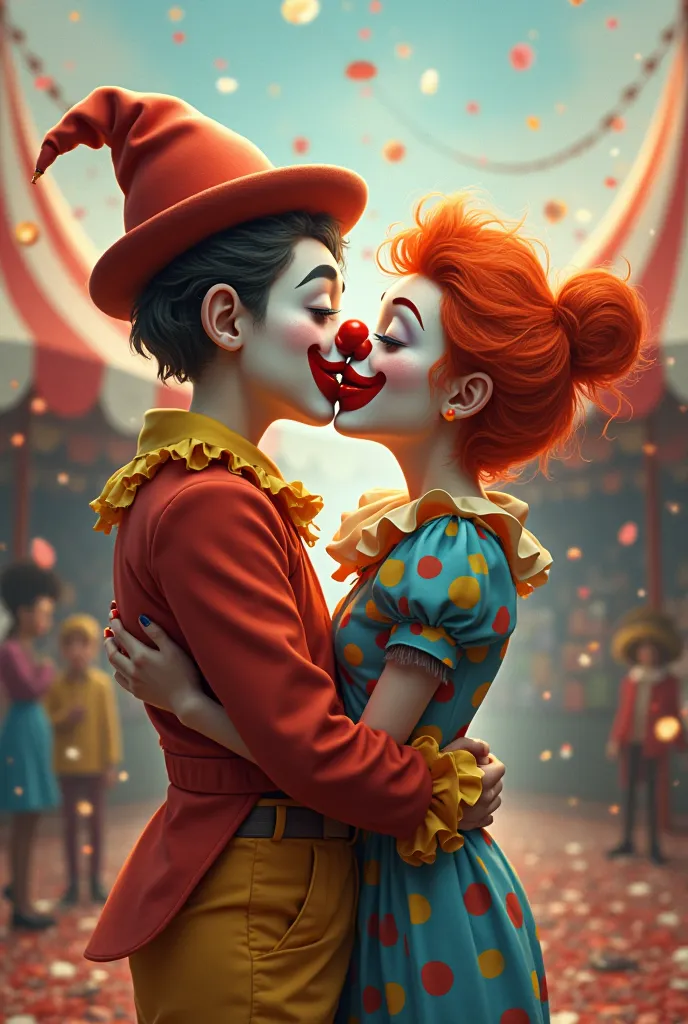 Clowns kiss passionately