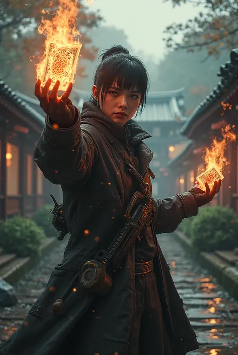 Create a photo of a first-person game in which there is the protagonist who has a firearm in one hand and a flame on the other with an image of a card inside it is set in Japan

