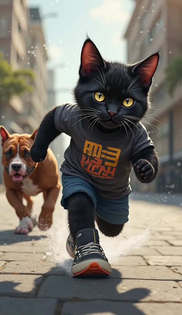 Image of a black kitten shorts and t-shirt and very large and strong sneakers, All muscular and stylish is Pit Bull running away from him