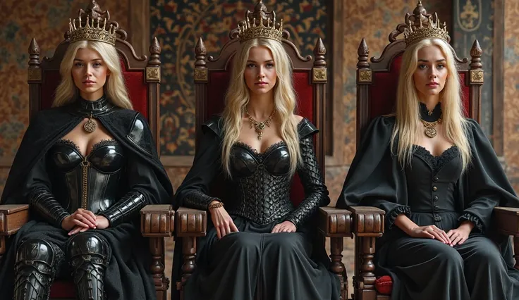 3 blonde queens with big breasts sitting on elevated thrones, The first queen is black armour with a cloak and a crown, The second queen is in a black dress with a crown, The third queen is in religious black clothes and is wearing a crown 