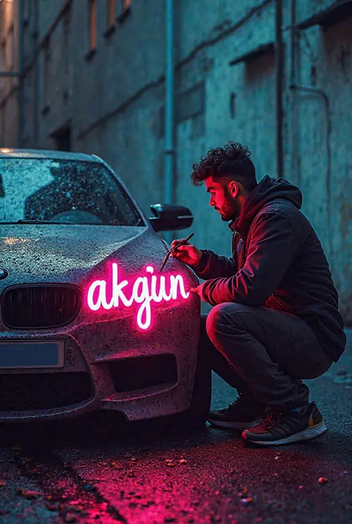 A man sitting on the seat behind the man behind the BMW vehicle writing Akgün in neon writing style on the vehicle 