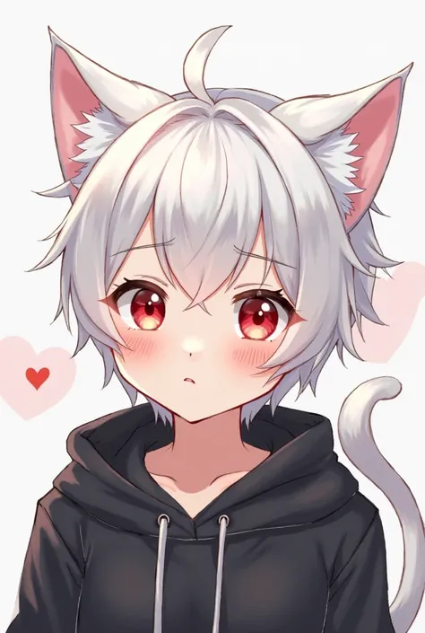 Anime cartoon male character with white hair red eyes cat ears black sweatshirt white background half of the body cute and short