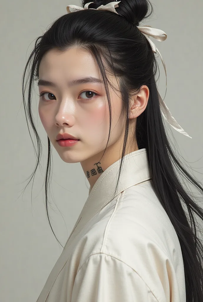 Fair Pale, flawless skin.
Long, flowing black hair That stops above his lower waist , often tied in a loose ponytail or bun, sometimes adorned with a simple white ribbon or tied up in a topknot or loosely falling around his shoulders.
Delicate and refined ...