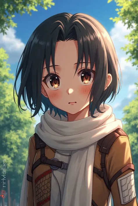 Anime character Mikasa from Attack on Titan smiles and says good morning, have a nice Ramadan
