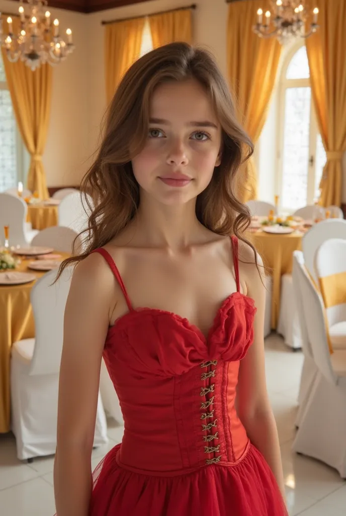 girl, fair skin , brown hair, with an angelic face , wearing a red corset dress, An elegant party room, decorated in soft gold and white tones.  round tables, covered by golden, golden silk curtains,towels are surrounded by white chairs. shiny white floor.