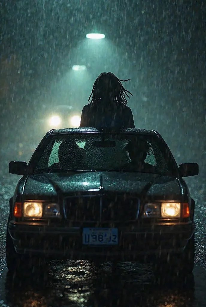 Shadow of man with drradlocks driving car in the rain with another friend and two women