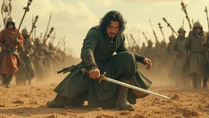 A black-haired swordsman in dark green clothes crouches in the middle of the dusty battlefield, wielding a sword with a sharp gaze. Behind him, A large armed army ready to attack, creates an epic atmosphere of warfare. The sky looks dusty with dramatic sha...