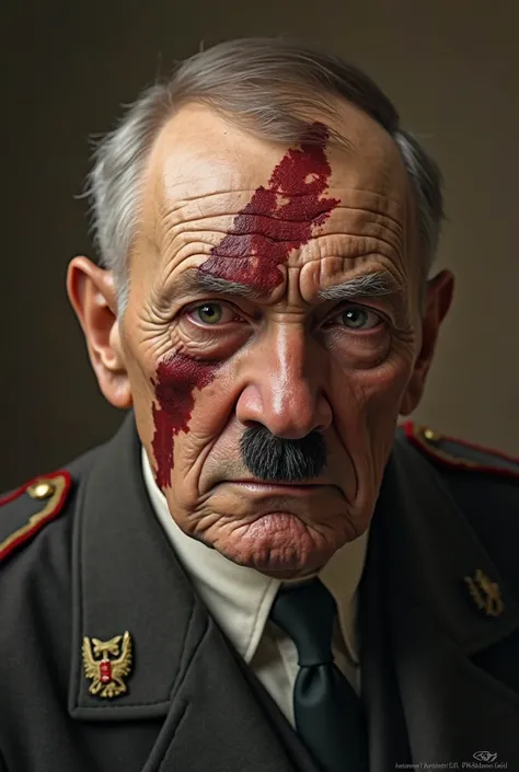 Hitler at 88 years old with a healed scar that crosses his face from his left cheek to his right forehead