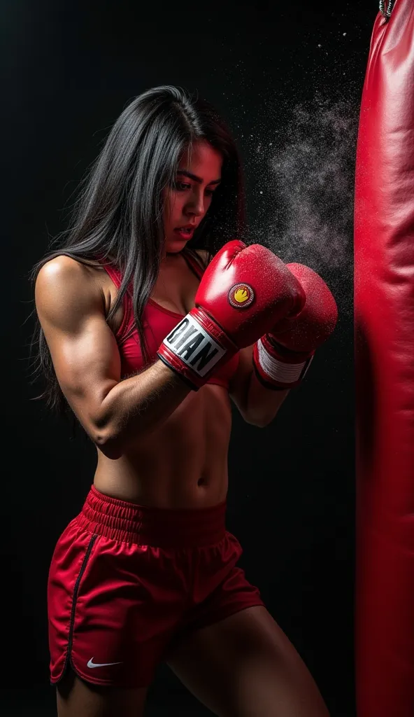 A powerful and determined azerbaijani female boxer with long black hair, wearing a red sports bra, red shorts, and red boxing gloves, training in absolute darkness. The background is completely black, with no visible walls or environment, making her and th...