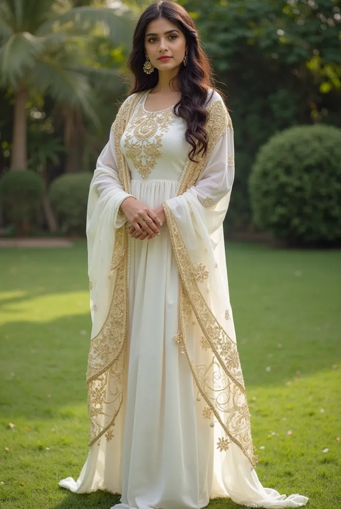 Beautiful Pakistani Girl in White Sarwar and gold laces dupatta standing in a beautiful Lawn full body Realistic picture 