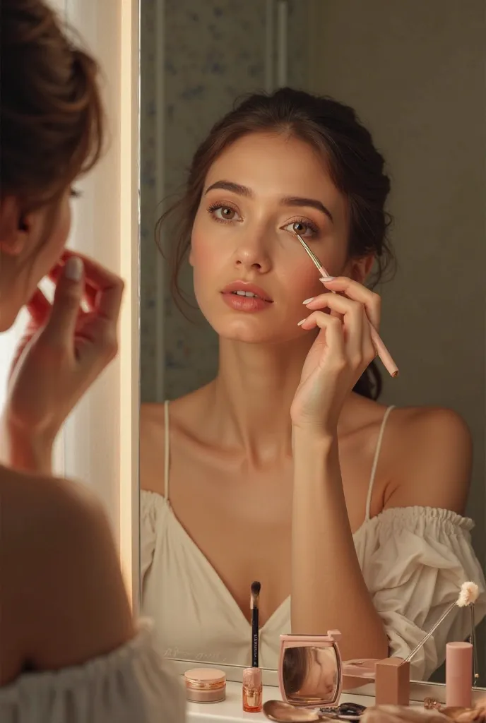 Create a realistic woman by putting on makeup in front of a mirror 