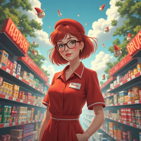 Caucasian female, cashier of the macacu drugstore. with red uniform, macacu drugstore, Chanel red hair, with glasses and in a dream world, tdh