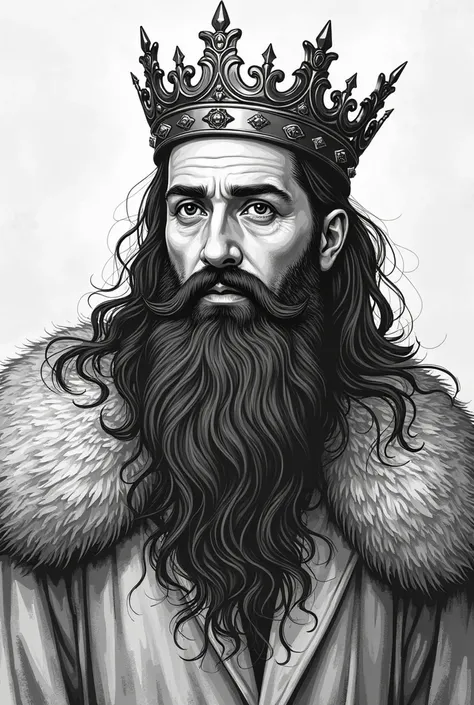 a black and white drawing of a bearded man with a crown, vector art by Konrad Witz, trending on pixabay, baroque, medieval old king, portrait of medieval old king, portrait of a medieval old king, man with a crown, great king of stovokor, emblem of wisdom,...