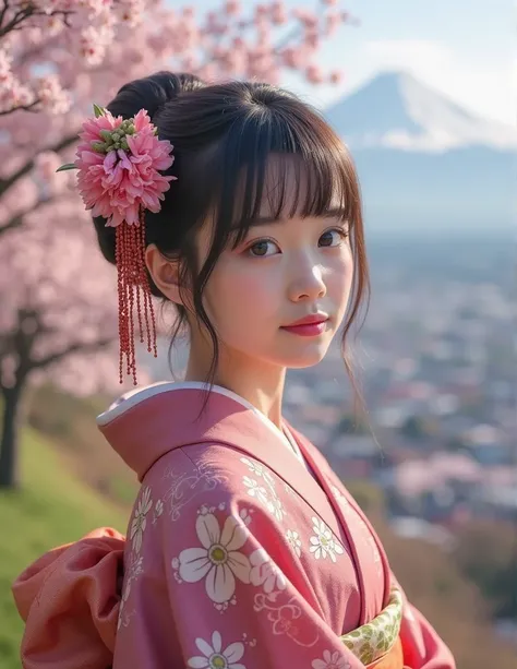 (best quality:1.4), (ultra highres:1.2), (photorealistic:1.4), (8k, RAW photo:1.2),(portrait shot:1.3), 1 girl, Alone, Outdoors,  cute Japanese model girl,  kimono, Floral, hair ornaments close to the garden, watching viewers,  Hair Flower, brown eyes, ban...