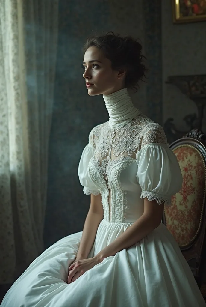 A beautiful woman with an extremely long neck. She wears a wedding dress ,  completely white, with a tight high collar, corrugated , that wraps around and covers her entire long neck. The fabric of the dress is made of delicate lace and satin, neck with sh...