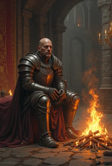 The knight is tired and is resting by the fire in the castle 