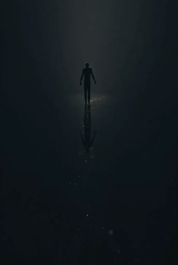 "Minimalist 4K digital artwork, dark gradient background in deep navy or black. Centered lone silhouette figure with a fragmented, detached shadow. Faint, retreating light near the horizon creating an atmosphere of betrayal and abandonment, reflecting the ...