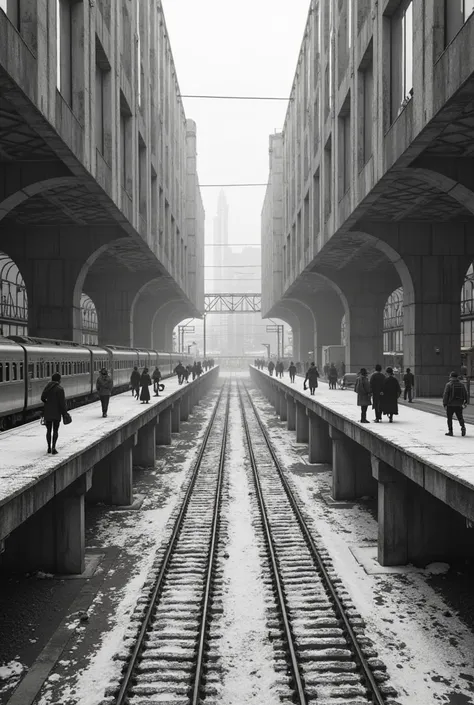 Black and white, cinematic photograph of a monumental 1960s brutalist train station in Isekai anime style. Two large blocks of concrete, iron and glass are connected. People walk across snowy platforms against a backdrop of a city, metallic trains, and pow...