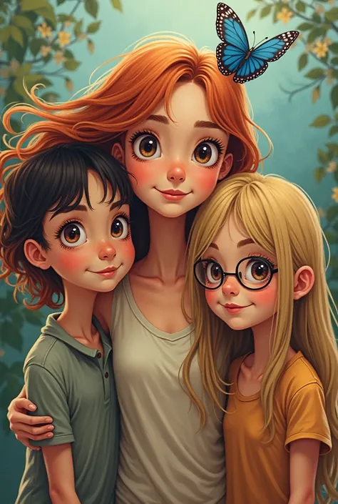 Create the image of three young women, whose appearances are: Alice is fifteen years old and has a tall,  tongue , long, reddish blonde hair, brown eyes. Carol is a sixteen-year-old ager, thin, light brown hair cut at shoulder length,  shirt wear round gla...