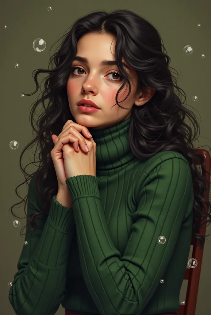 A renaissance portrait of delicate Aurelia. Her deep brown eyes is thoughtful. Her raven hair is long, curly, and messy. Her head is tilted and her hands is clasped together. She's wearing a green turtleneck sweater. There are bubbles floating around her.