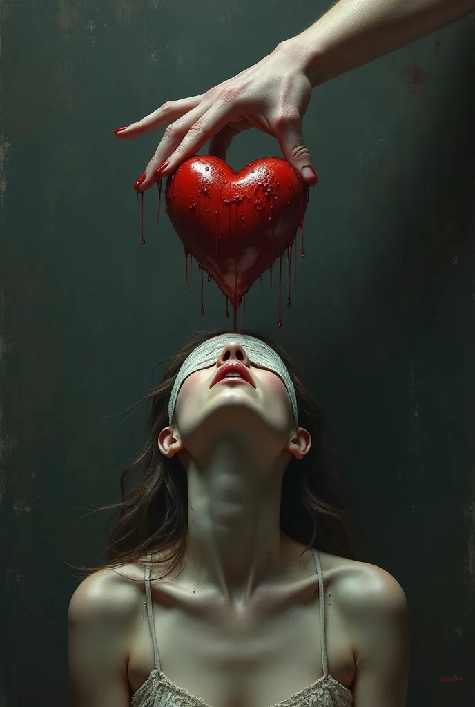 So at the top there is a hand squeezing a heart dripping blod fooling at a girl's face loking it above her and at her eyes there is a blindfold

