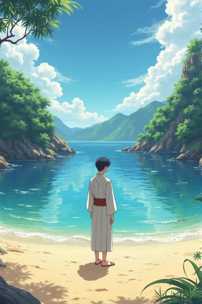 Describe an anime character, a man walking up the sandy beach, gazing at the ocean, the beach is located between two valleys, standing on the beach, paradise in the background, standing on the beach, at Sedahan beach in Gunung ul, walking on the beach, wal...