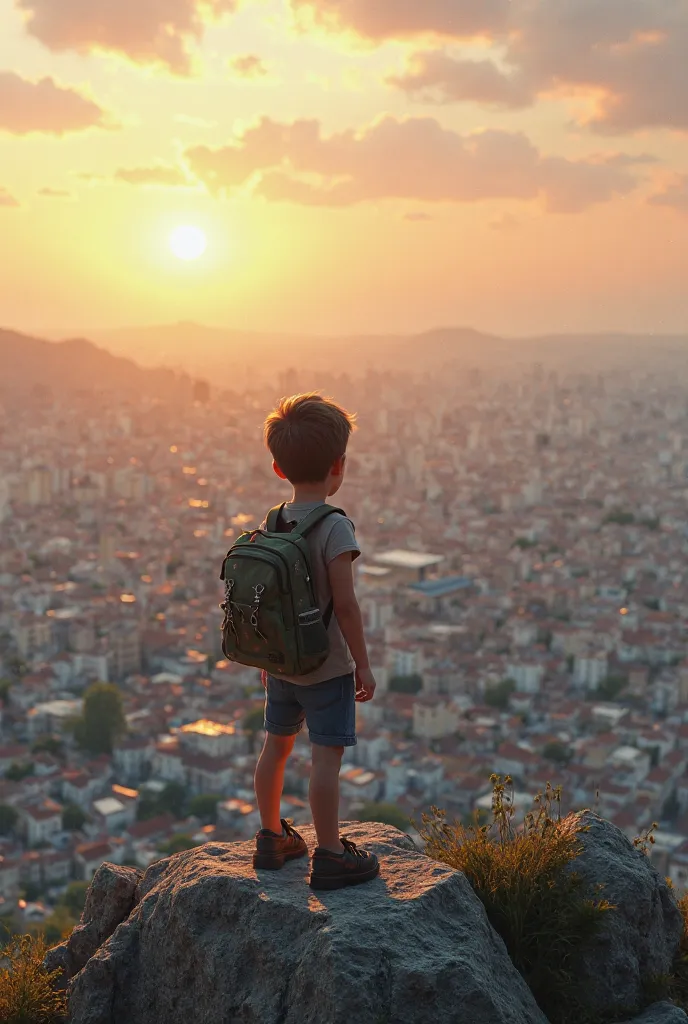 A boy with a  rucksack on top of a rocky hill at dusk, overlooking  a busy city, from behind. Sun is already sunsetted