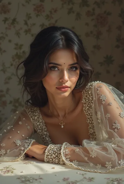 A cute Pakistani bridal Round face deep eyes lying on a table 