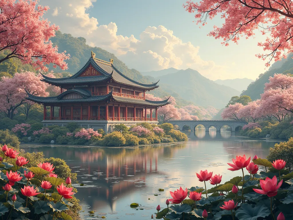 On the right side of the road, a lake where a field of red lotus flowers grows, rose et or , and Fields of Cherry Trees on the other side of a thin road leading to a large medieval Chinese house.