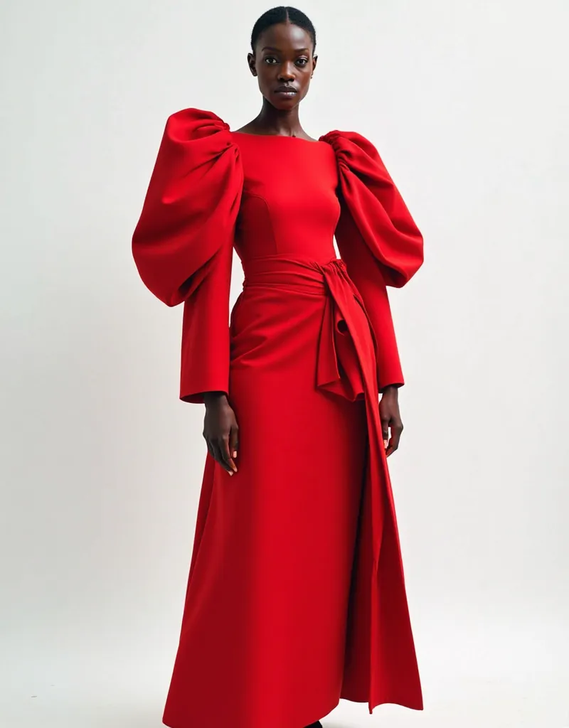 Real image of a model posing in an elegant red dress with shoulder pads, white background, Balenciaga style dress, The dress is shaped like a sack on the upper part.