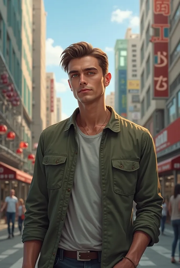  30-year-old male , brown hair ,  greenish eyes , without a beard , STANDING ON THE STREET. 

