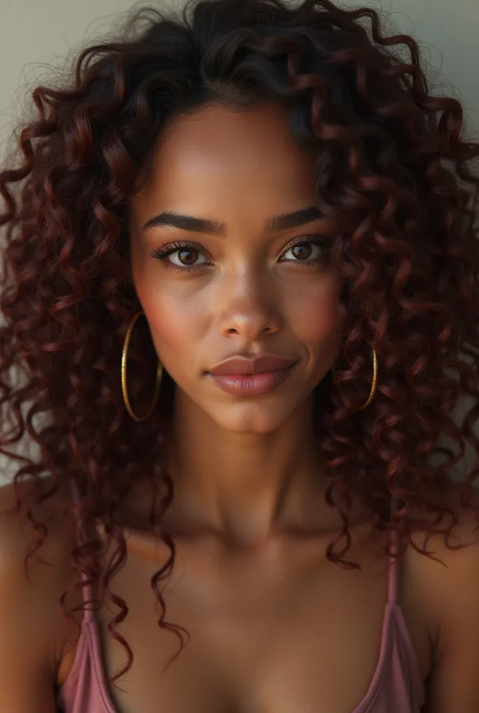 Make me super realistic images of a dark-skinned, beautiful young woman with a perfect face and features, full curly hair, dark cherry red color with dark brown eyes and a fine, delicate and perfect nose.