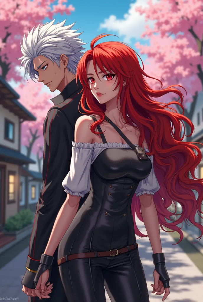 Female character with red hair with waves, boku no hero style, next to Shoto Todoroki . Let the background be a street in Japan and trees. 