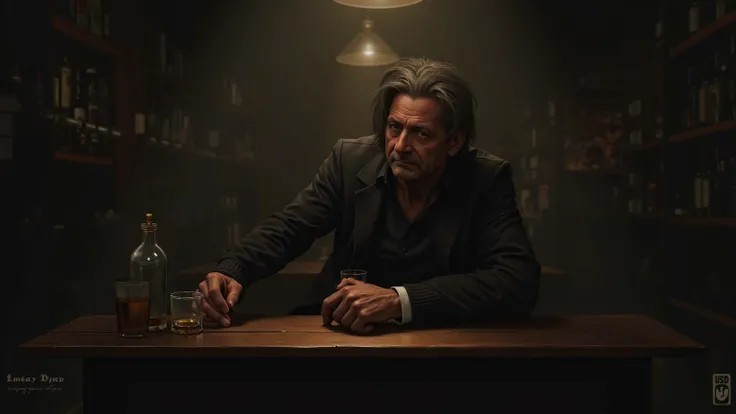 "A man sits alone behind a bar counter in a half-lit bar. In front of him — a glass of whiskey, his gaze is directed into the void."  realistic photo