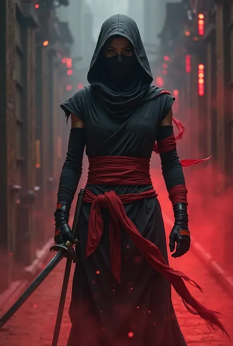 Image of ninja in black and red clothes, with sword and red lights 